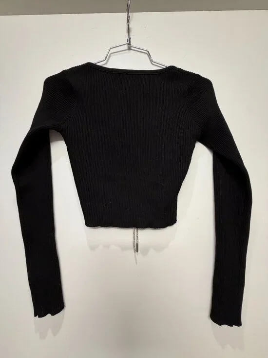 Black Ribbed Crop Top w/ Rhinestone Drawstring - Picture 2 of 3